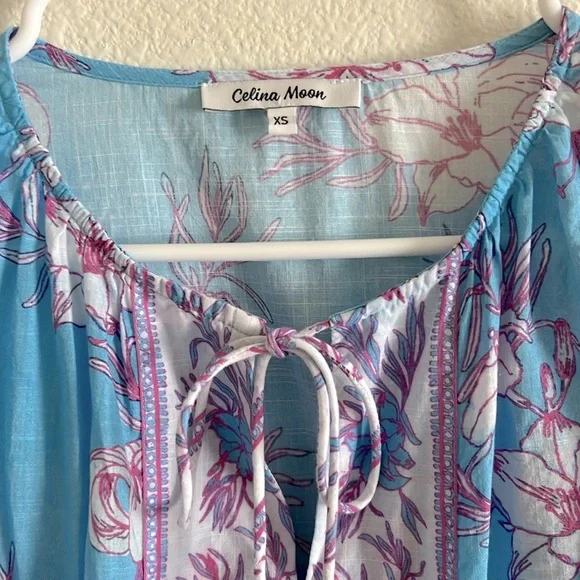 Celina Moon Multi Clover Long Blouson Sleeve Floral Tunic Mini Dress Sz XS - Picture 6 of 13